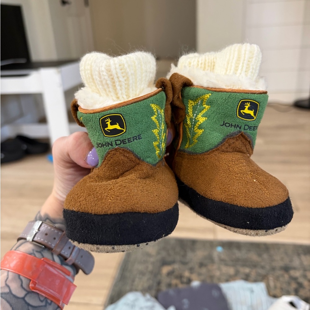 John Deere Brown & Green Baby Booties with Cream Cuff